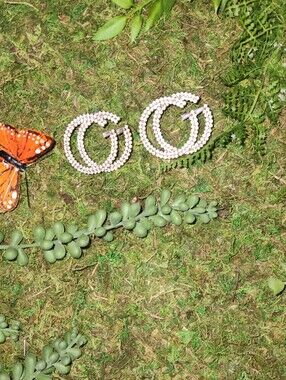 Rhinestone Double G Statement Earrings Gold Tone Glam
